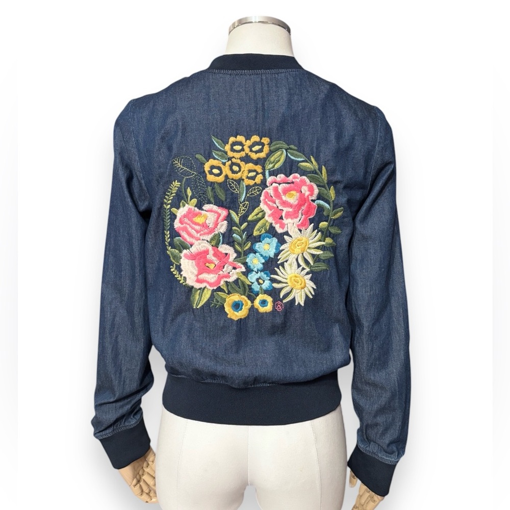 ROSIO Floral Embroidered Cropped Lightweight Denim Baseball Bomber Jacket